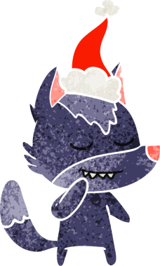 Dost canlısı el, bir insan tarafından çizilmiş Noel Baba şapkası takan bir kurdun eski çizgi filmini çizdi.