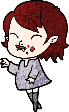 Bir insan tarafından çizilmiş yanağında kan olan vampir kız çizgi filmi.