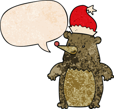 Bir insan tarafından çizilmiş eski moda konuşma baloncuklu Noel şapkası takan çizgi film ayısı.