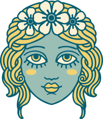 Bir insan tarafından çizilmiş çiçek desenli ikonik bir kadın yüzü.