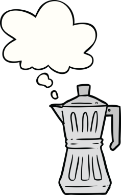 Bir insan tarafından çizilmiş düşünce baloncuğu olan bir espresso makinesi.