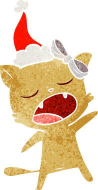 Bir insan tarafından çizilmiş Noel Baba şapkası giymiş şarkı söyleyen bir kedinin el çizimi karikatürü.