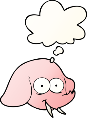 Düşünce baloncuklu çizgi film fili suratı bir insan tarafından çizilmiş.