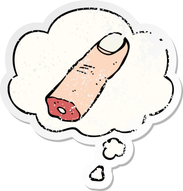 Düşünce baloncuğu ile kesilmiş çizgi film bir insan tarafından çizilmiş yıpranmış bir çıkartma gibi.