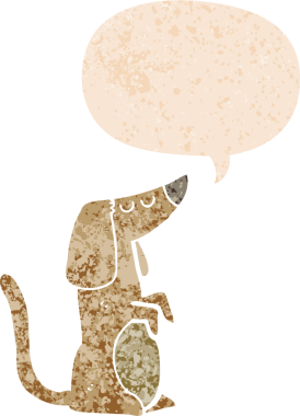 Bir insan tarafından çizilmiş grunge dertli retro tarzı konuşma baloncuğu ile çizgi film köpeği