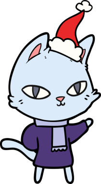 Bir insan tarafından çizilmiş Noel Baba şapkası takan bir kedinin el çizimi.