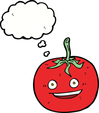 Bir insan tarafından çizilmiş düşünce baloncuklu domates.