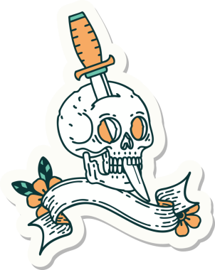 Bir insan tarafından çizilmiş kafatasının pankartıyla dövme stili etiketi