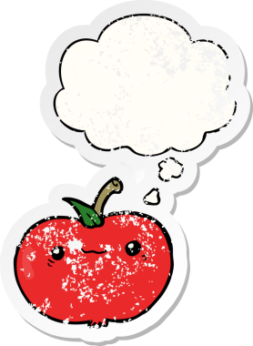 Düşünce baloncuklu çizgi film elması bir insan tarafından çizilmiş yıpranmış bir çıkartma gibi.