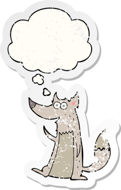 Düşünce baloncuğu olan karikatür kurdu, bir insan tarafından çizilmiş yıpranmış bir çıkartma.