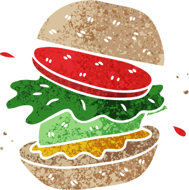 Bir insan tarafından çizilmiş retro çizim tarzı tuhaf bir vejetaryen burger.