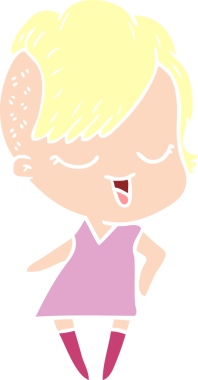 Bir insan tarafından çizilmiş mutlu düz renkli çizgi film kızı.