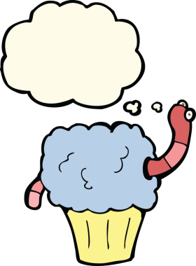 Bir insan tarafından çizilmiş düşünce baloncuklu kek içindeki çizgi film solucanı.