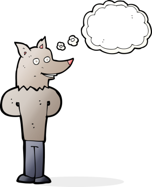 Bir insan tarafından çizilmiş düşünce balonlu bir kurt adam.