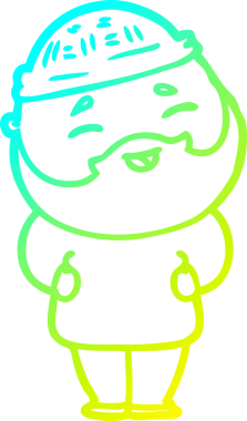 Bir insan tarafından çizilmiş, mutlu, sakallı, çizgi film karakteri.