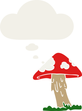 Düşünce baloncuğu olan çizgi film mantarları insan tarafından çizilmiş.