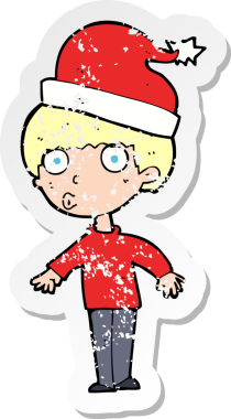 Bir insan tarafından çizilmiş Noel 'e hazır karikatürcü bir adamın gerilimli çıkartması.