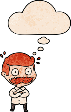 Çizgi filmdeki bıyıklı adam bir insan tarafından çizilen grunge desenli düşünce baloncuğuyla şok oldu.