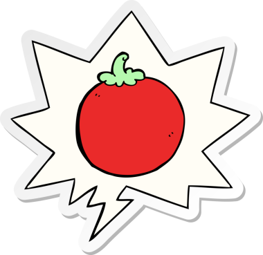 Bir insan tarafından çizilmiş konuşma kabarcığı çıkartmalı domates çizgi filmi.