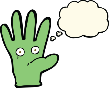 Bir insan tarafından çizilmiş düşünce baloncuğu olan gözleri olan çizgi film eli.