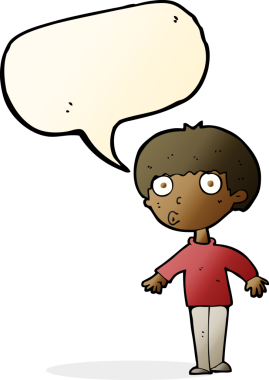 Bir insan tarafından çizilmiş konuşma balonuyla şaşırmış bir çocuk.