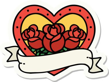 Geleneksel kalp stili dövme çıkartması ve bir insan tarafından çizilmiş çiçekli pankart.