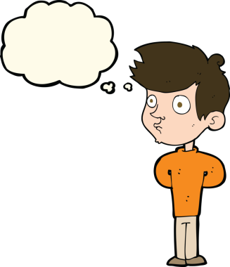 Bir insan tarafından çizilmiş düşünce balonuyla bakan çizgi film çocuğu.