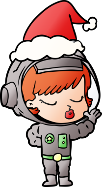 Bir insan tarafından çizilmiş Noel Baba şapkası giyen güzel bir astronot kızın el çizimi karikatürü.