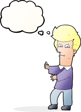 Bir insan tarafından çizilmiş düşünce baloncuğuyla el kol hareketi yapan bir çizgi film adamı.