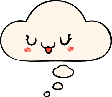 Bir insan tarafından çizilmiş çizgi roman tarzında düşünce baloncuğu olan sevimli mutlu çizgi film yüzü.