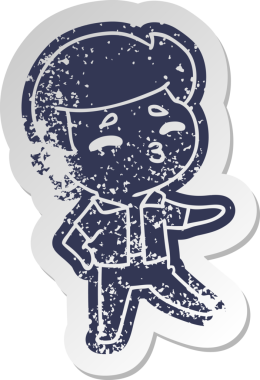 Sıkıntılı eski çizgi film çıkartması Kawaii 1950 'de bir insan tarafından çizilmiş sevimli bir çocuk.