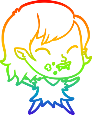 Gökkuşağı gradyan çizgisi. Bir insan tarafından çizilmiş yanağında kan olan vampir bir kız çizgi filmi.