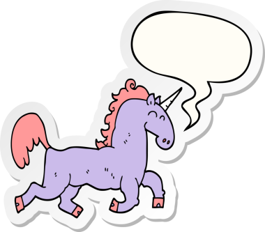 Bir insan tarafından çizilmiş konuşma balonu çıkartmalı tek boynuzlu at çizgi filmi.