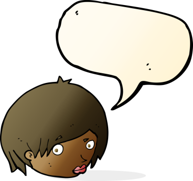 Bir insan tarafından çizilmiş konuşma baloncuğu olan kaş kaldırılmış çizgi film kadın yüzü.