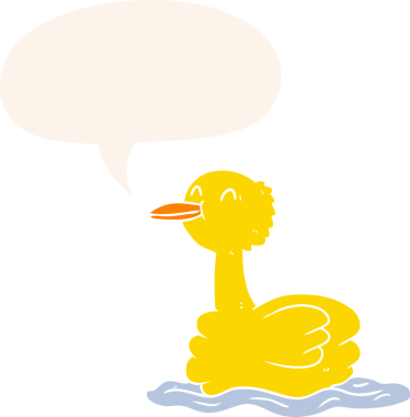 Bir insan tarafından çizilmiş, konuşma baloncuklu yüzen ördek.