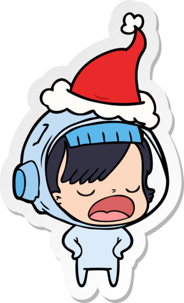 Bir astronot kadının insan tarafından çizilmiş Noel Baba şapkası giydiğini anlatan el çizimi karikatür.