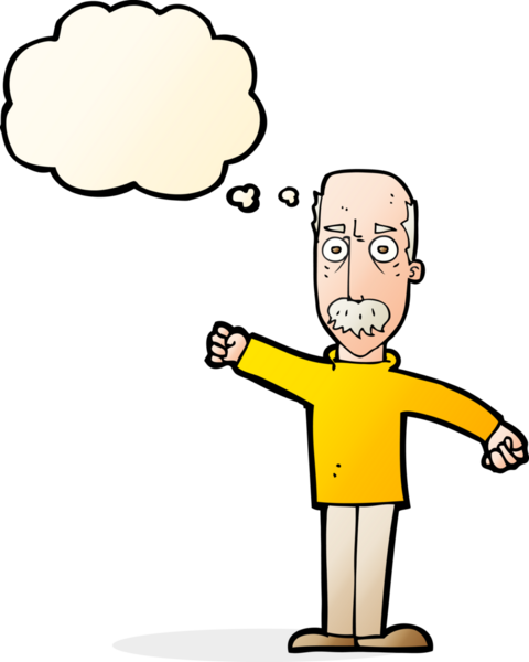 Bir insan tarafından çizilmiş düşünce baloncuğu olan kızgın yaşlı bir adam.