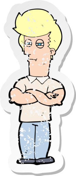 Bir insan tarafından çekilen kolları katlanmış bir çizgi film karakterinin gerilimli çıkartması.