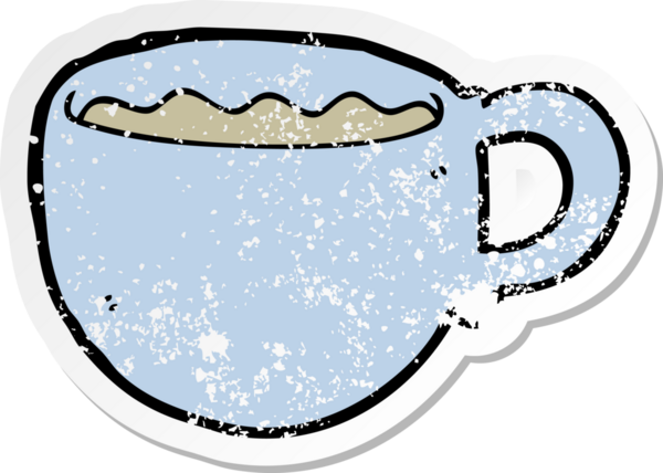 Bir insan tarafından çizilmiş çizgi film kahve fincanının sıkıntılı çıkartması.