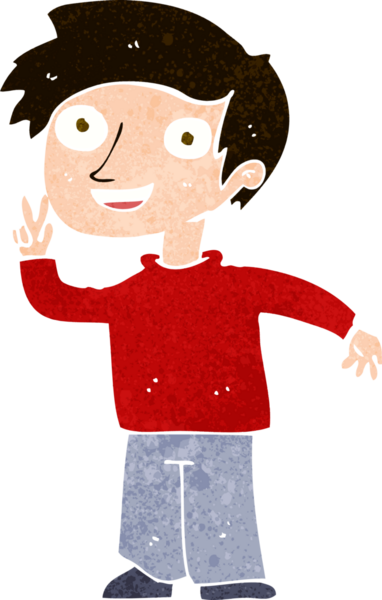 Bir insan tarafından çizilmiş bir fotoğraf için poz veren çizgi film çocuğu.