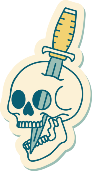 Bir insan tarafından çizilmiş bir kafatasının geleneksel stiliyle dövme çıkartması.