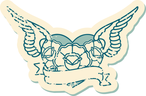 Bir insan tarafından çizilmiş çiçek ve pankartıyla uçan bir kalbin sembolik dövmeli resmi.