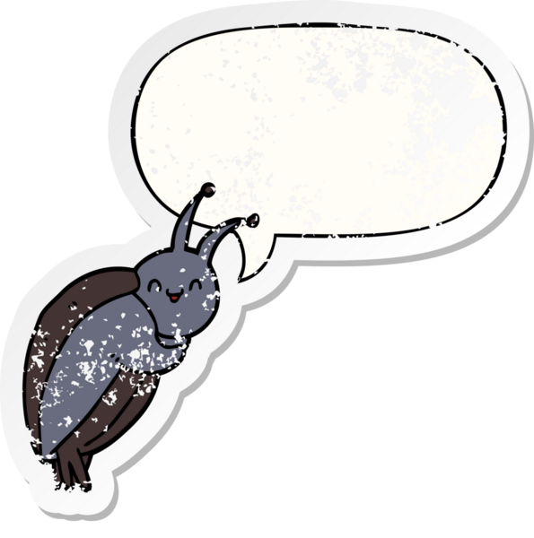 Konuşma baloncuğu olan sevimli çizgi film böceği bir insan tarafından çizilmiş sıkıntılı eski bir çıkartma