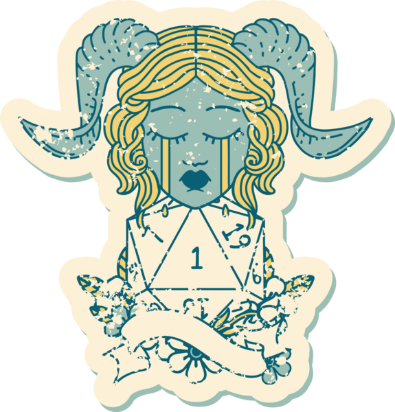 Retro Dövme Biçimi ağlayarak doğal bir D20 rulosuyla bir insan tarafından çizilmiş.