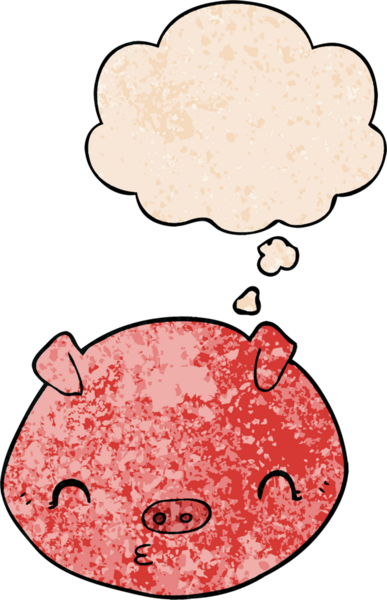 Bir insan tarafından çizilmiş grunge desenli düşünce baloncuklu çizgi film domuzu.