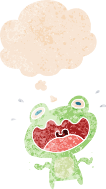 Karikatür kurbağası grunge 'deki düşünce baloncuğundan korkan bir insan tarafından çizilmiş tedirgin bir eski tarz.