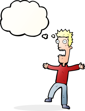 Bir insan tarafından çizilmiş düşünce baloncuğuyla dehşete düşmüş bir adam.