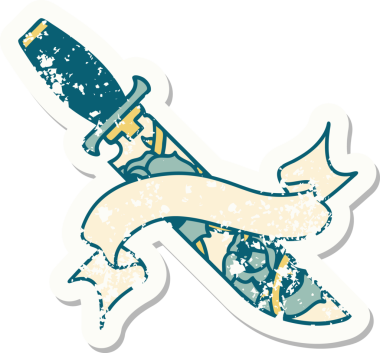 Bir hançer bayrağı ve bir insan tarafından çizilmiş çiçekler olan eski bir etiket.