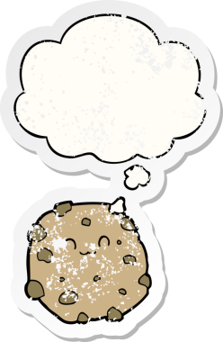Düşünce baloncuklu çizgi film bisküvisi insan tarafından çizilmiş yıpranmış bir çıkartma.