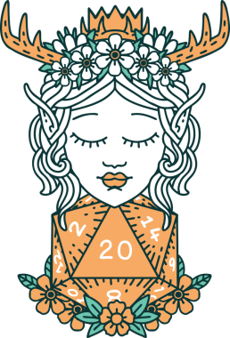 Retro Dövme Tarzı Elf Karakteri Nautral 20 zar bir insan tarafından çizilmiş